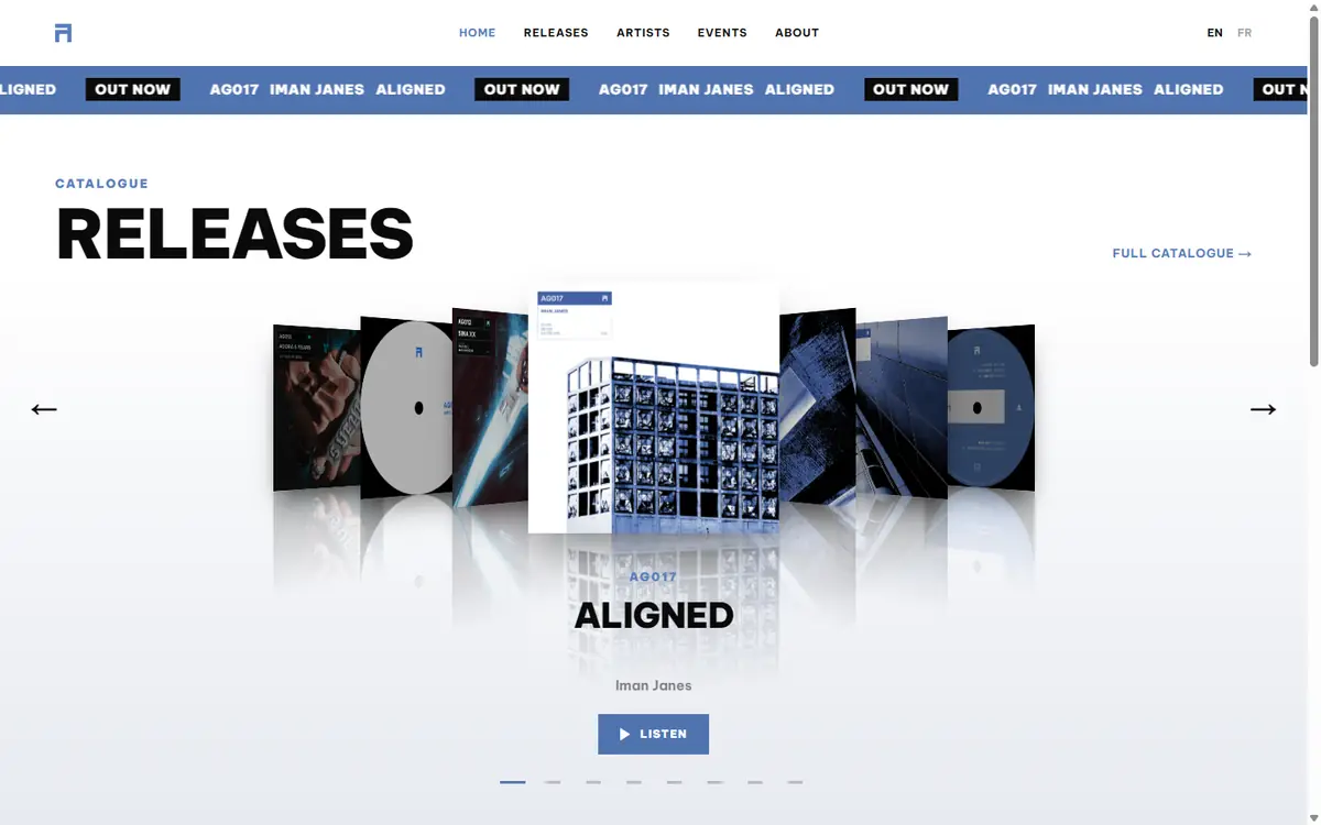 Accueil du site Agora Records : bandeau bleu « Out now », titre « Releases » et carrousel de pochettes de disques.