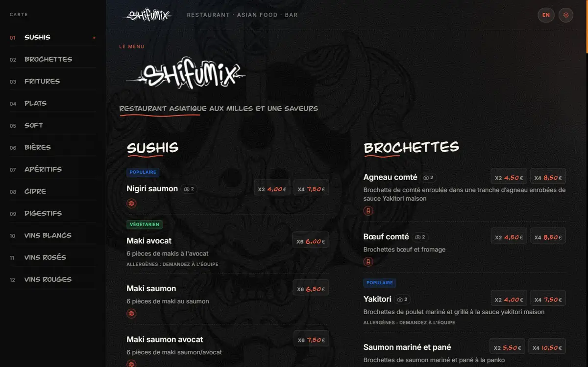 Page menu du site Shifumix : logo tagué blanc sur fond noir, liste des sushis et des brochettes avec leurs prix en rouge.