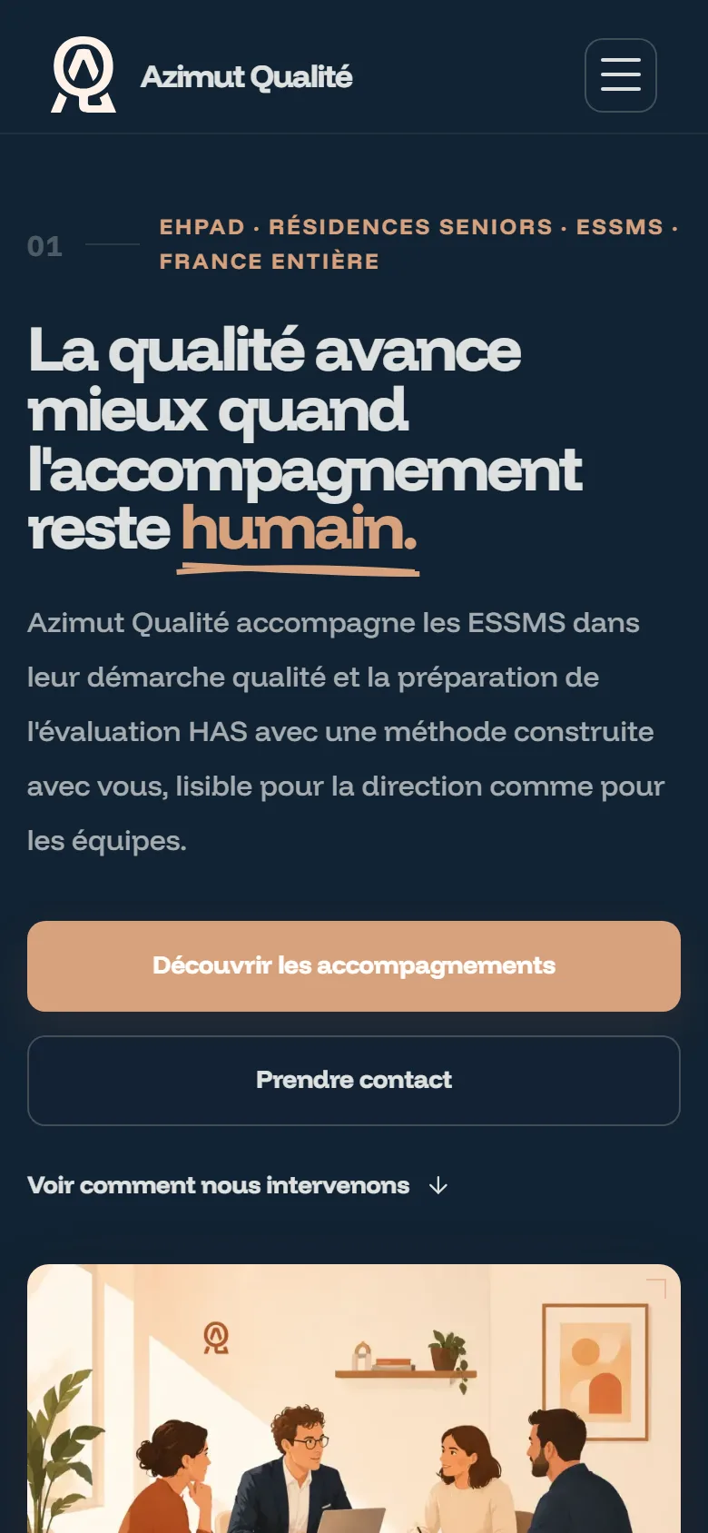 Accueil d’Azimut Qualité sur téléphone en thème sombre : titre, boutons cuivre et illustration.