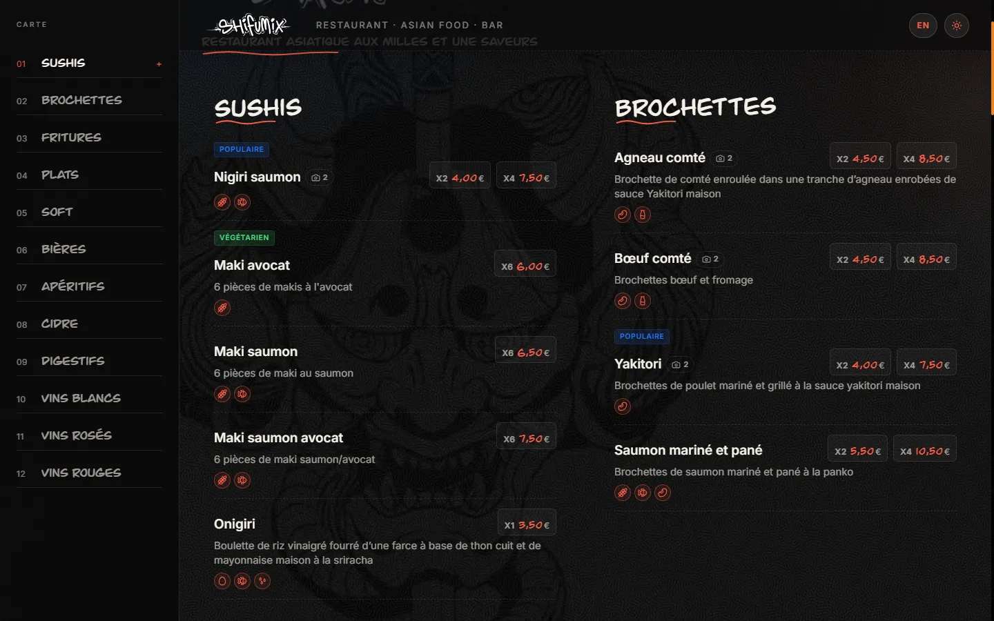 Carte de Shifumix sur ordinateur : navigation des 12 catégories à gauche, sushis et brochettes avec leurs prix en rouge.