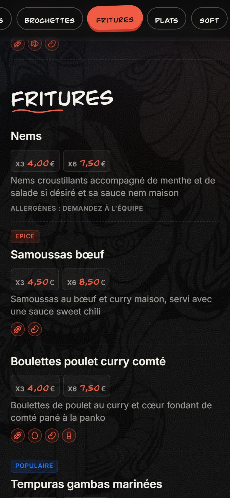Section fritures de la carte Shifumix sur téléphone.