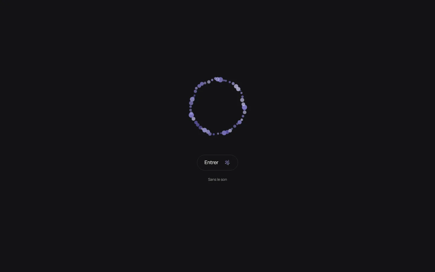 Entrée du site nell0 : un cercle de points violets au-dessus des boutons « Entrer » et « Sans le son », sur fond noir.