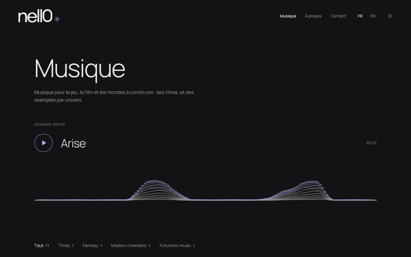 Page Musique de nell0 : la dernière sortie, « Arise », au-dessus d’une onde de points violets, et les titres classés par univers.