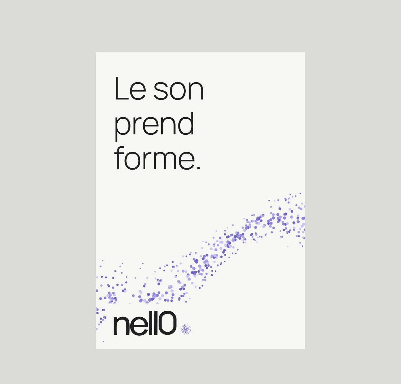 Affiche A3 nell0 dessinée : « Le son prend forme. » au-dessus d’un ruban de points violets, le logo en bas.