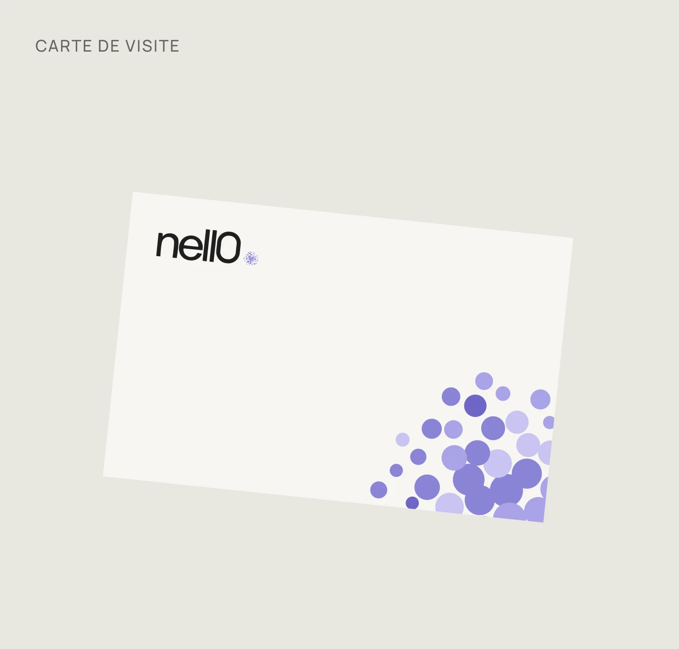 Carte de visite nell0 dessinée : le logo en haut à gauche et une grappe de points violets qui sort par le coin bas droit.