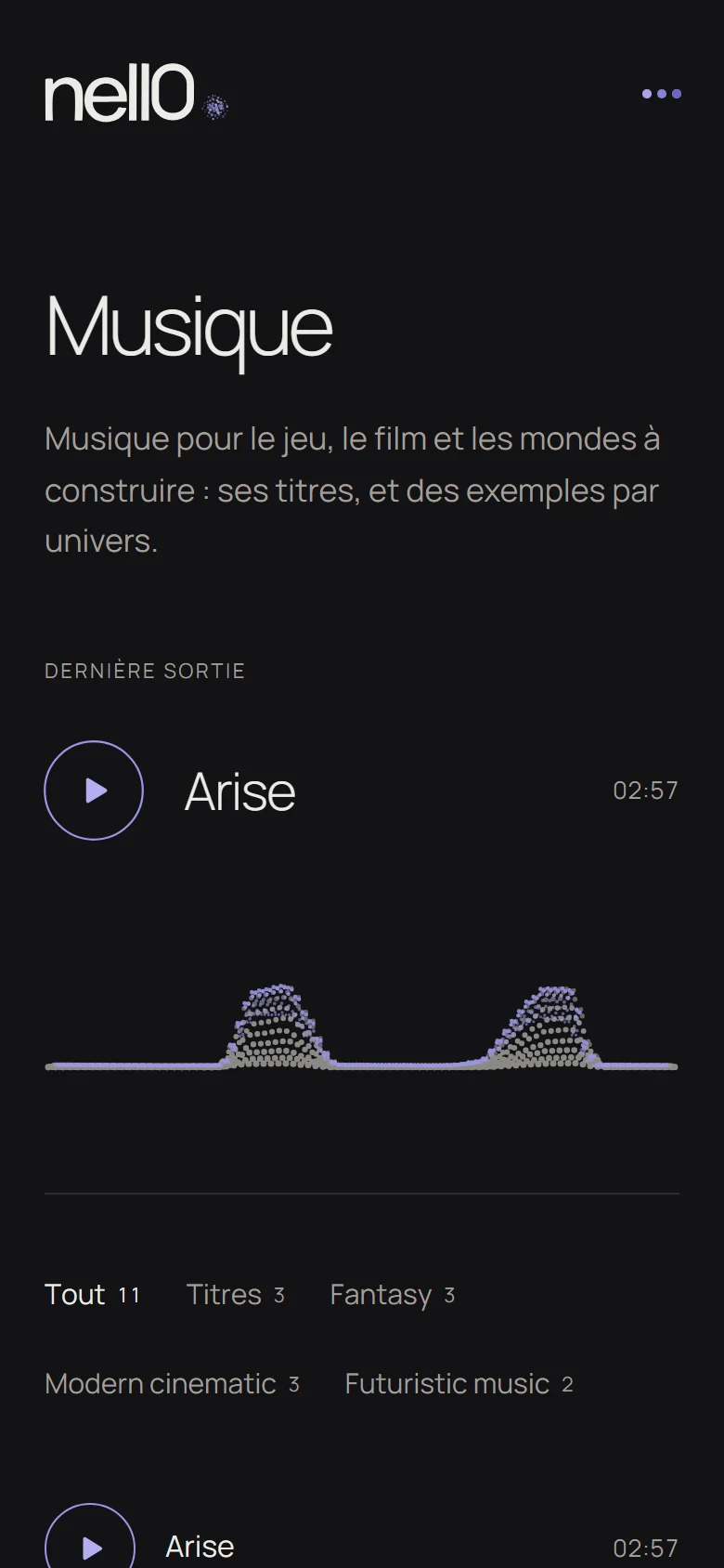 Page Musique de nell0 sur téléphone : « Arise », son onde de points et les filtres par univers.